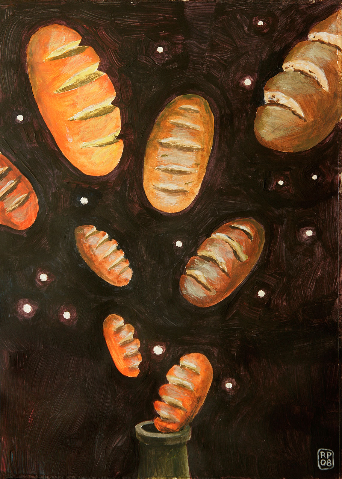 Illustration Brot statt Böller Kanone Sternenhimmel Acryl gemalt gezeichnet