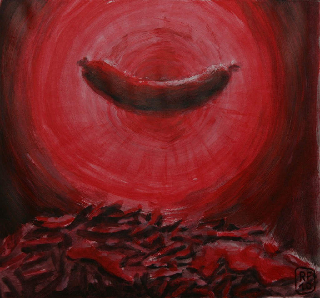 Erleuchtung Bockwurst Pommes Malerei Acryl quadratisch