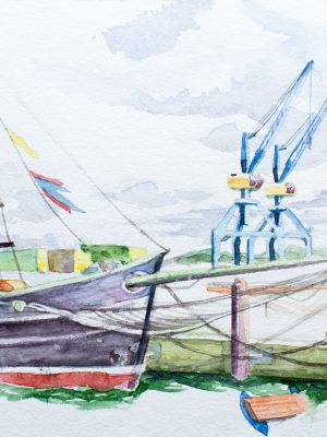 Kräne Museumshafen Rostock Warnow, Aquarell