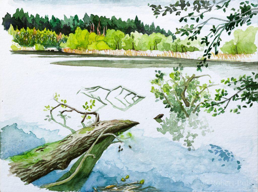 Landschaft in Mecklenburg, See mit Bäumen, Aquarell, Robert Puls 2024