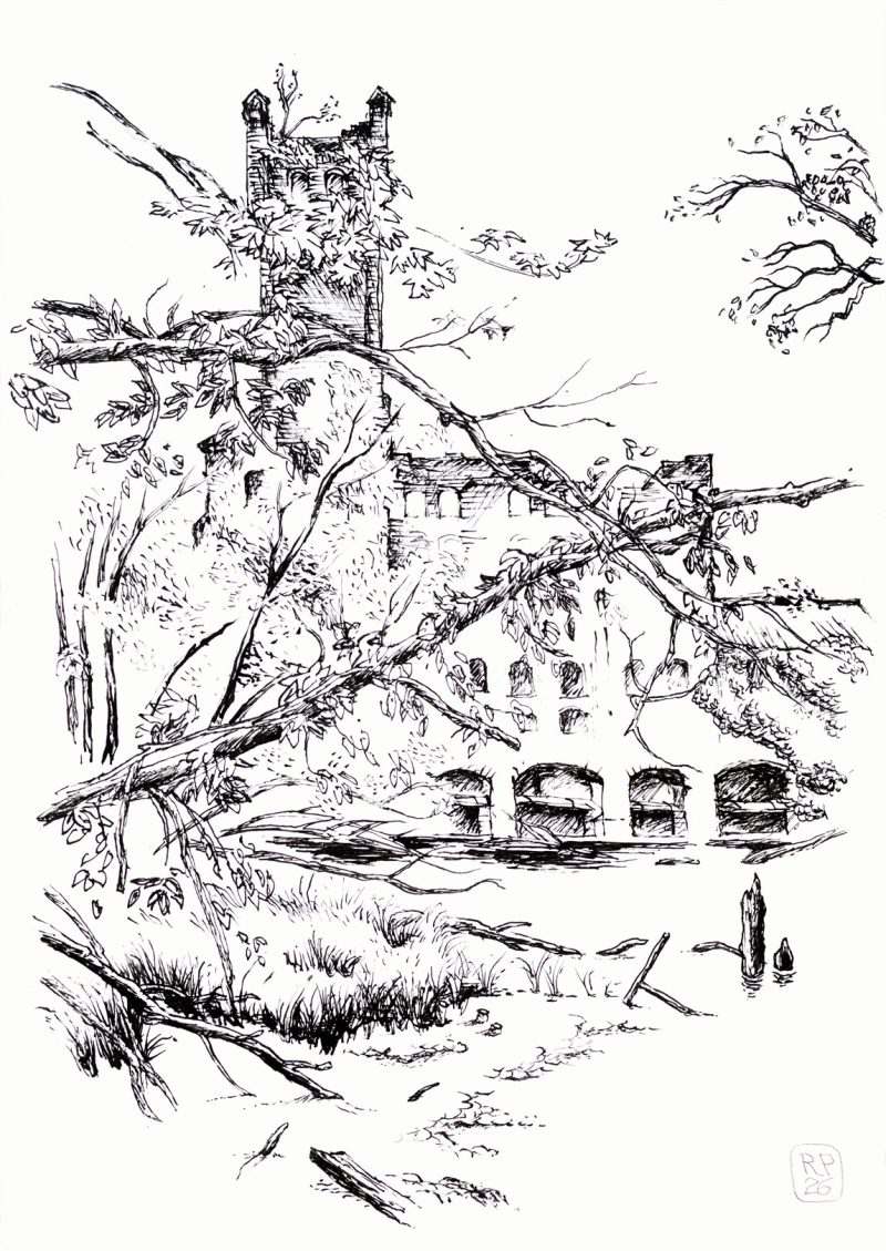 Böllberger Mühle, Saale, Sachsen-Anhalt, Tuschezeichnung, Redisfeder, Robert Puls
