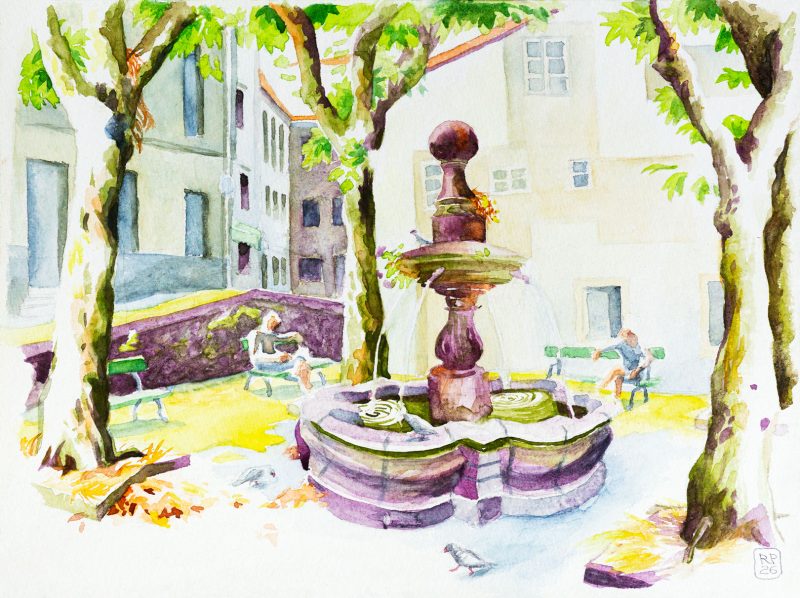 Santiago de Compostela, Spanien, Platz mit Brunnen am Rand der Altstadt, Tuschezeichnung, Redisfeder, Robert Puls